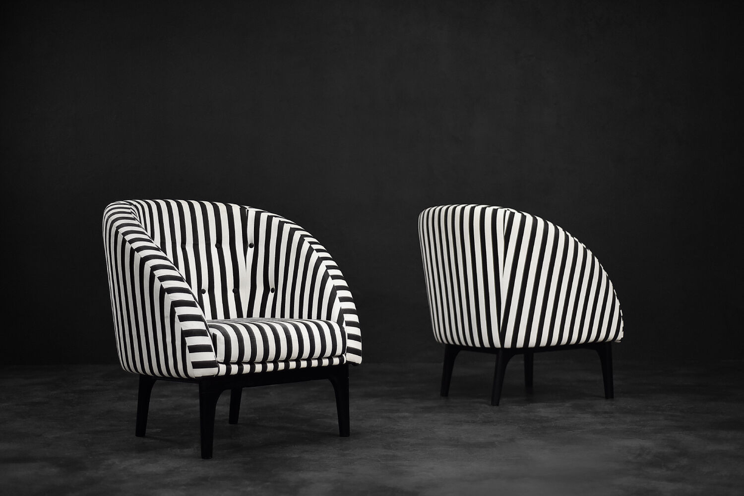 Mid-century modern Scandinavian rounded armchairs with black and white stripes, 1960s.