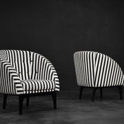 Mid-century modern Scandinavian rounded armchairs with black and white stripes, 1960s.