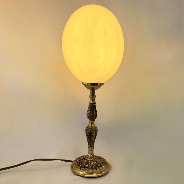Lampe oeuf d'autruche ancien sur pied en bronze vintage