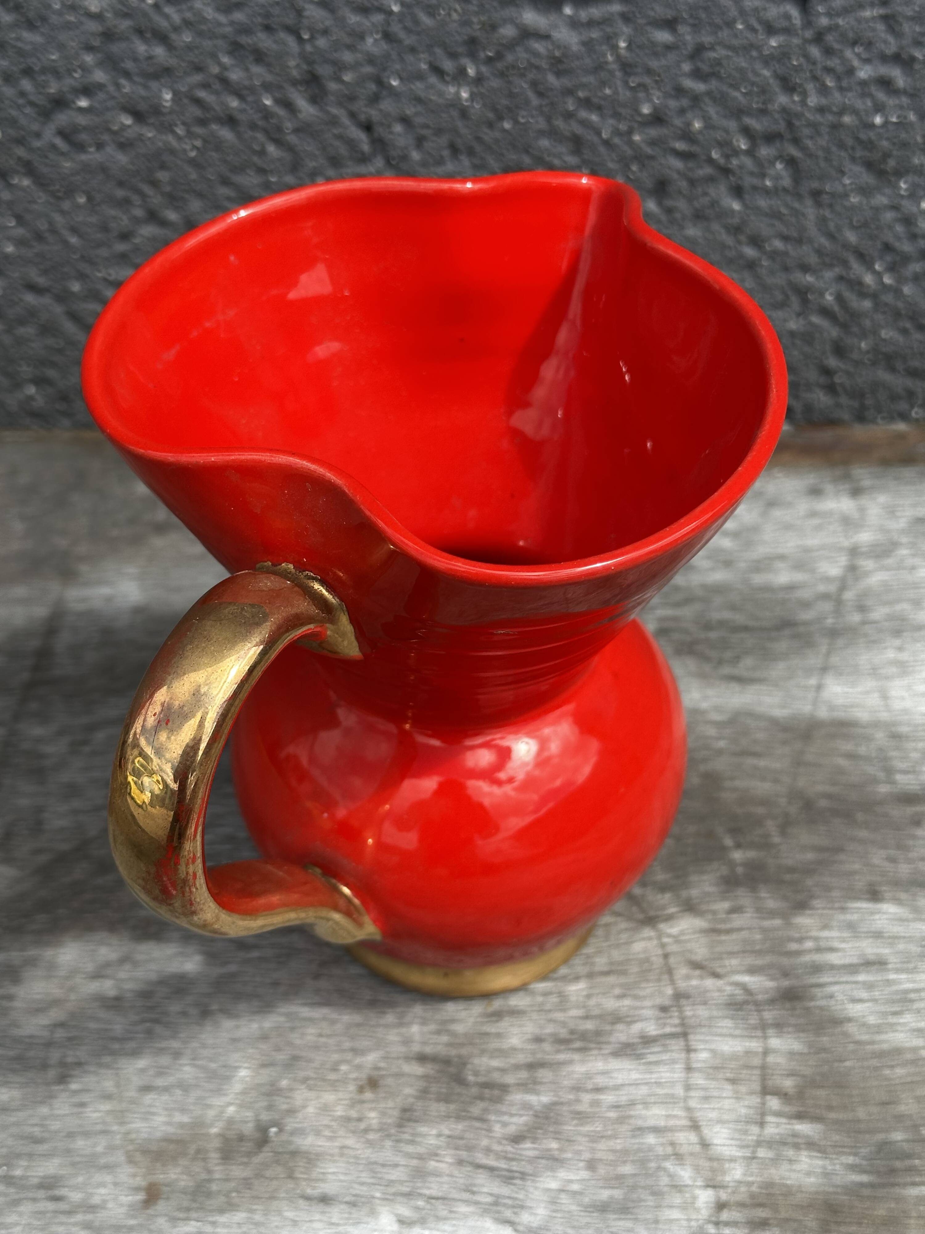 Red Pitcher Vase with Gold Accents Attributed to André Baud - Vallauris