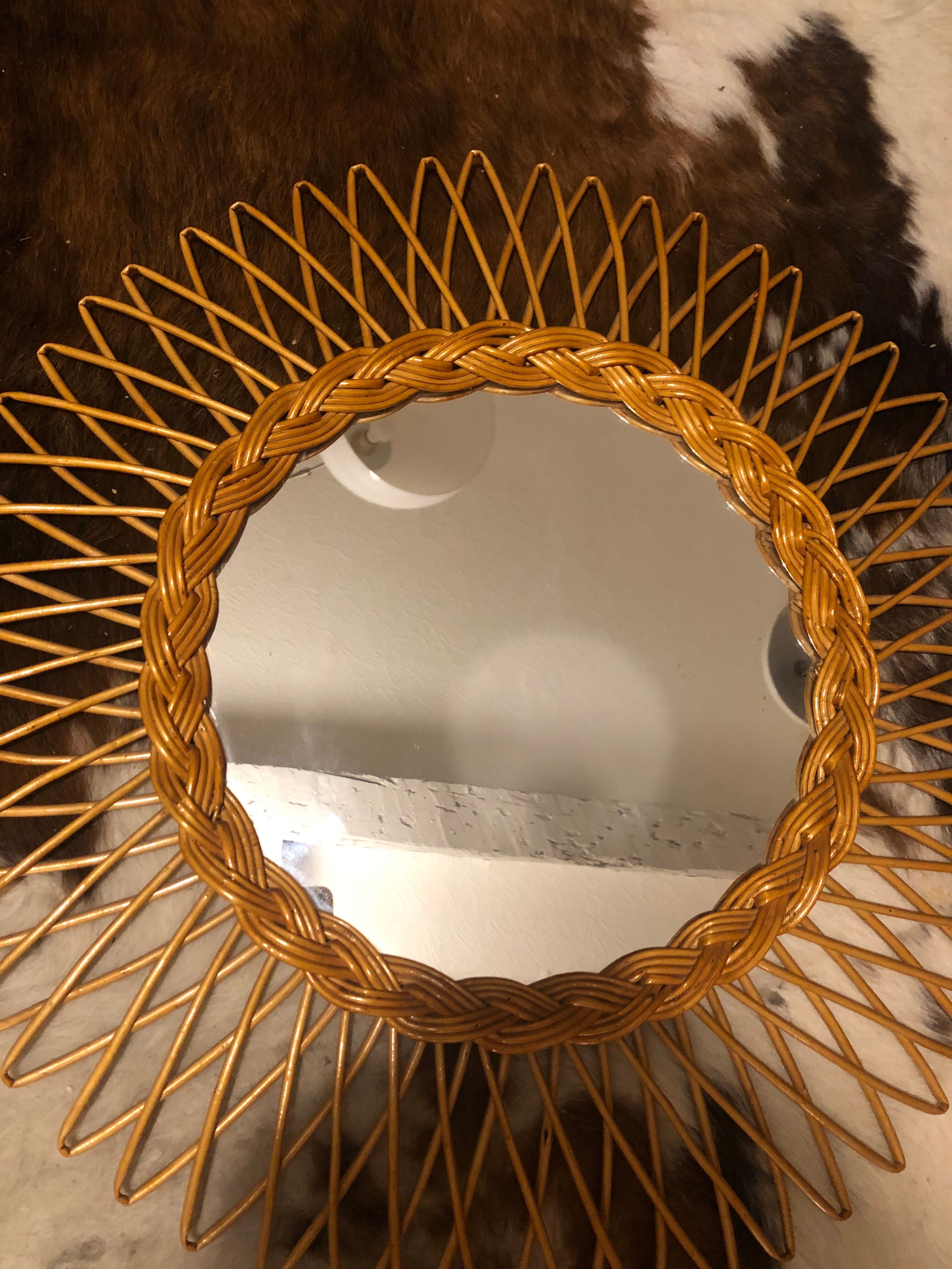 Vintage round rattan mirror 60s, 55 cm