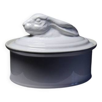 Grosse terrine en faïence blanche vintage tête de lièvre, lapin