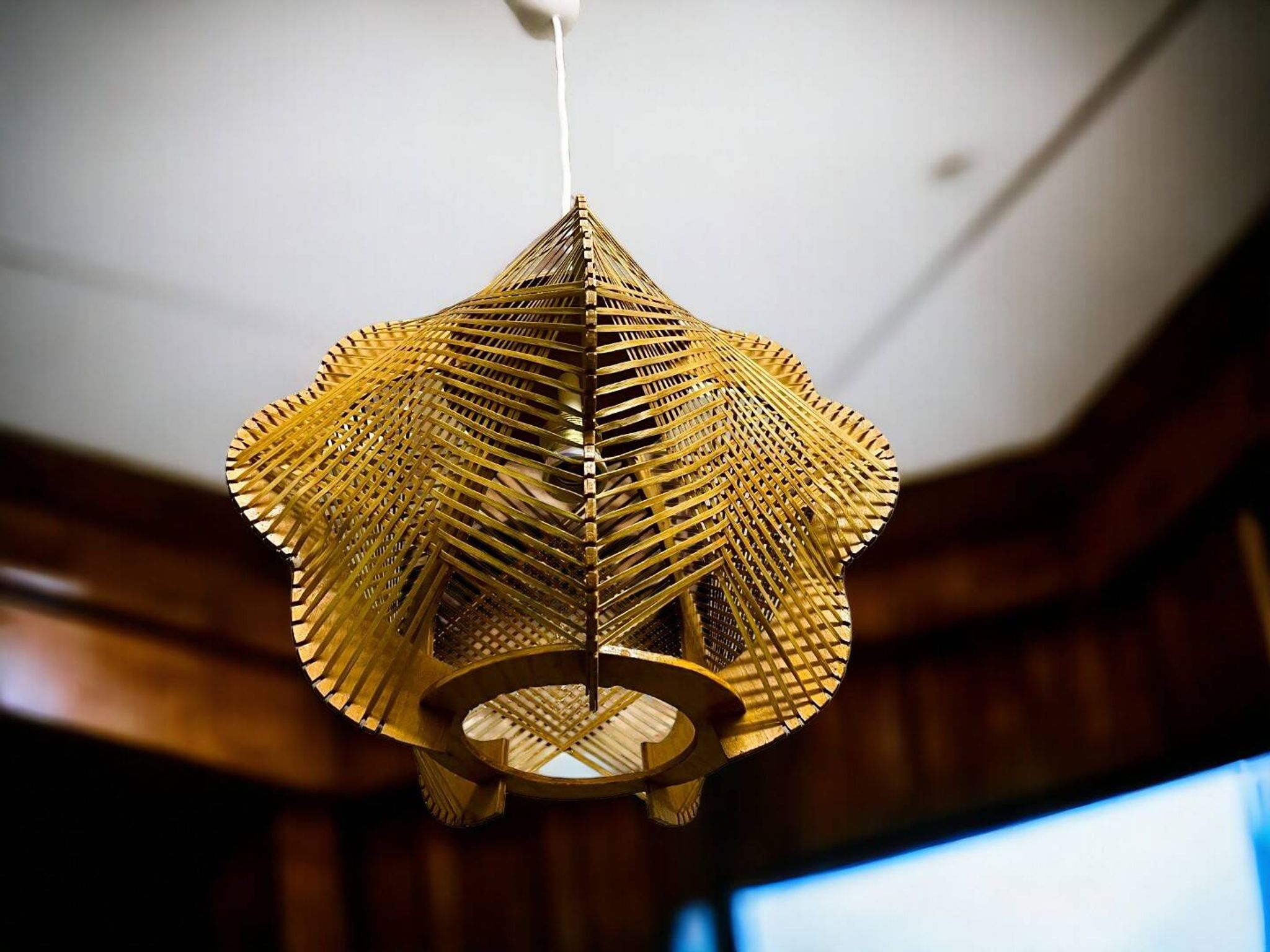 Portuguese mid century wood and straw wooden pendant lamp, 1960s
