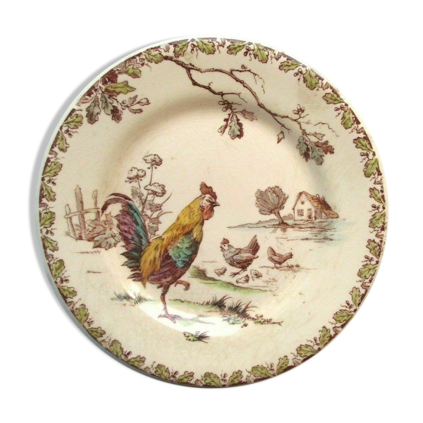 Polychrome plate Iron Earth signed Gien model Coqs