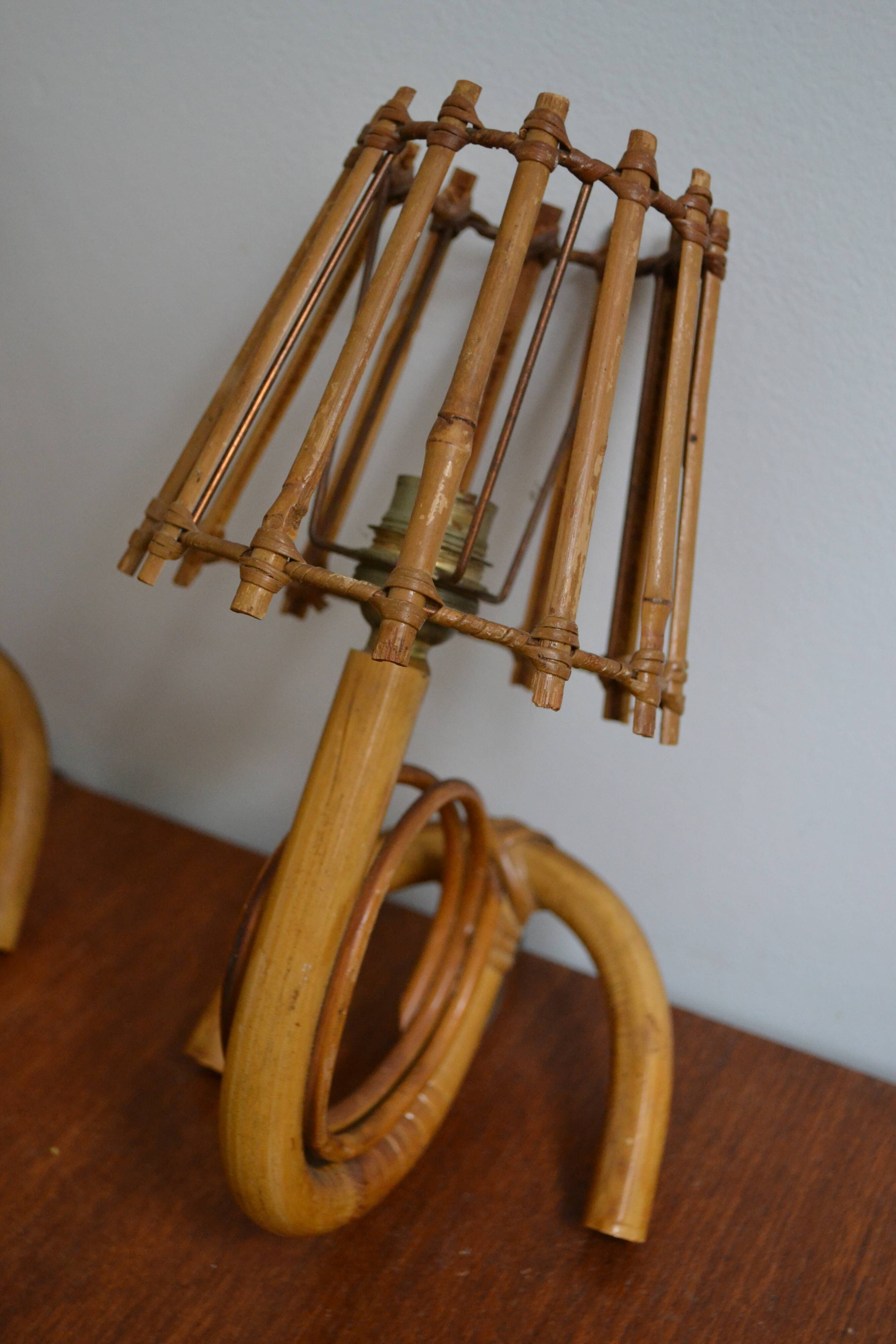 Pair of rattan wall lamps 70s Louis Sognot