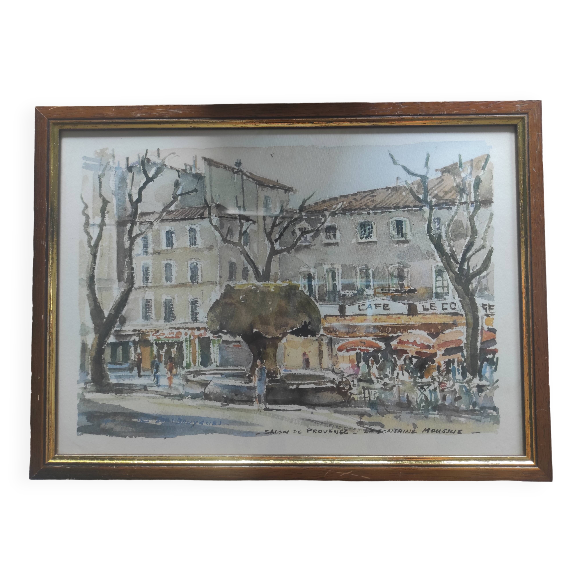 Framed watercolor "Salon de Provence-la Fontaine Moussue" by Louis Lasbouygues