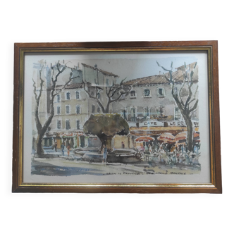 Aquarelle encadrée "Salon de Provence-la Fontaine Moussue" de Louis Lasbouygues