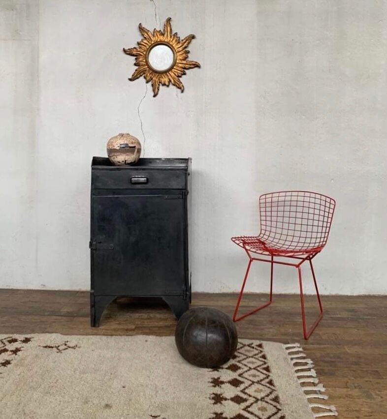 Old Industrial workshop furniture with 1 door 1 drawer in patinated iron