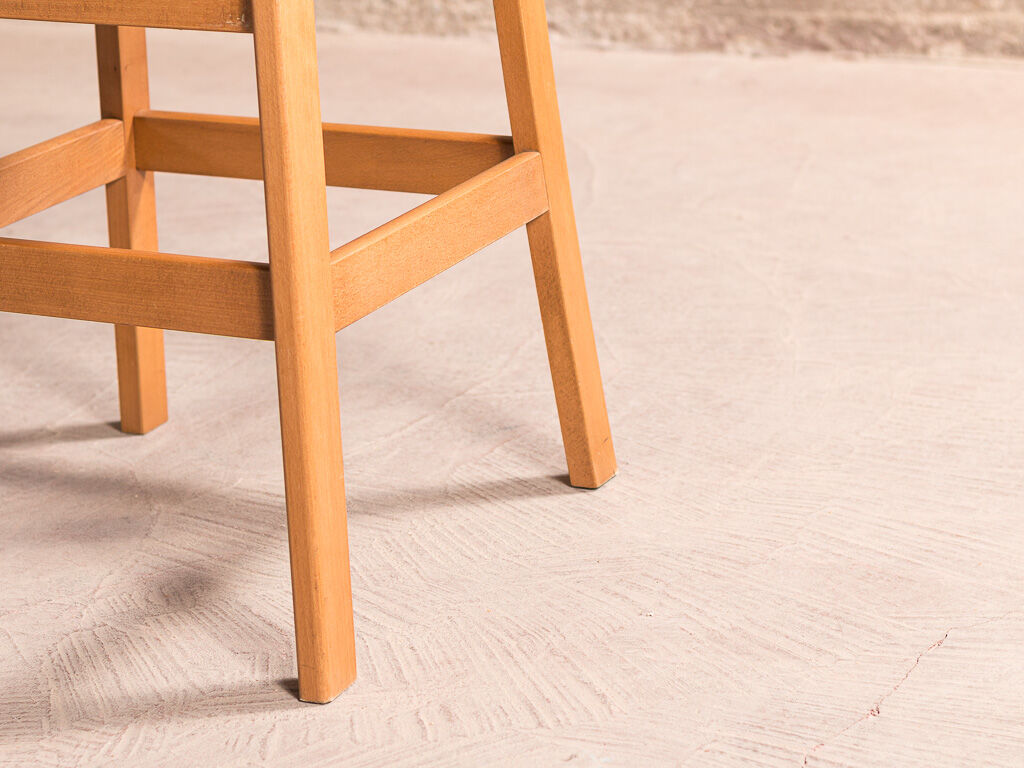 Children's high chair in solid tinted beech, seat and back in imitation cream leather, certification