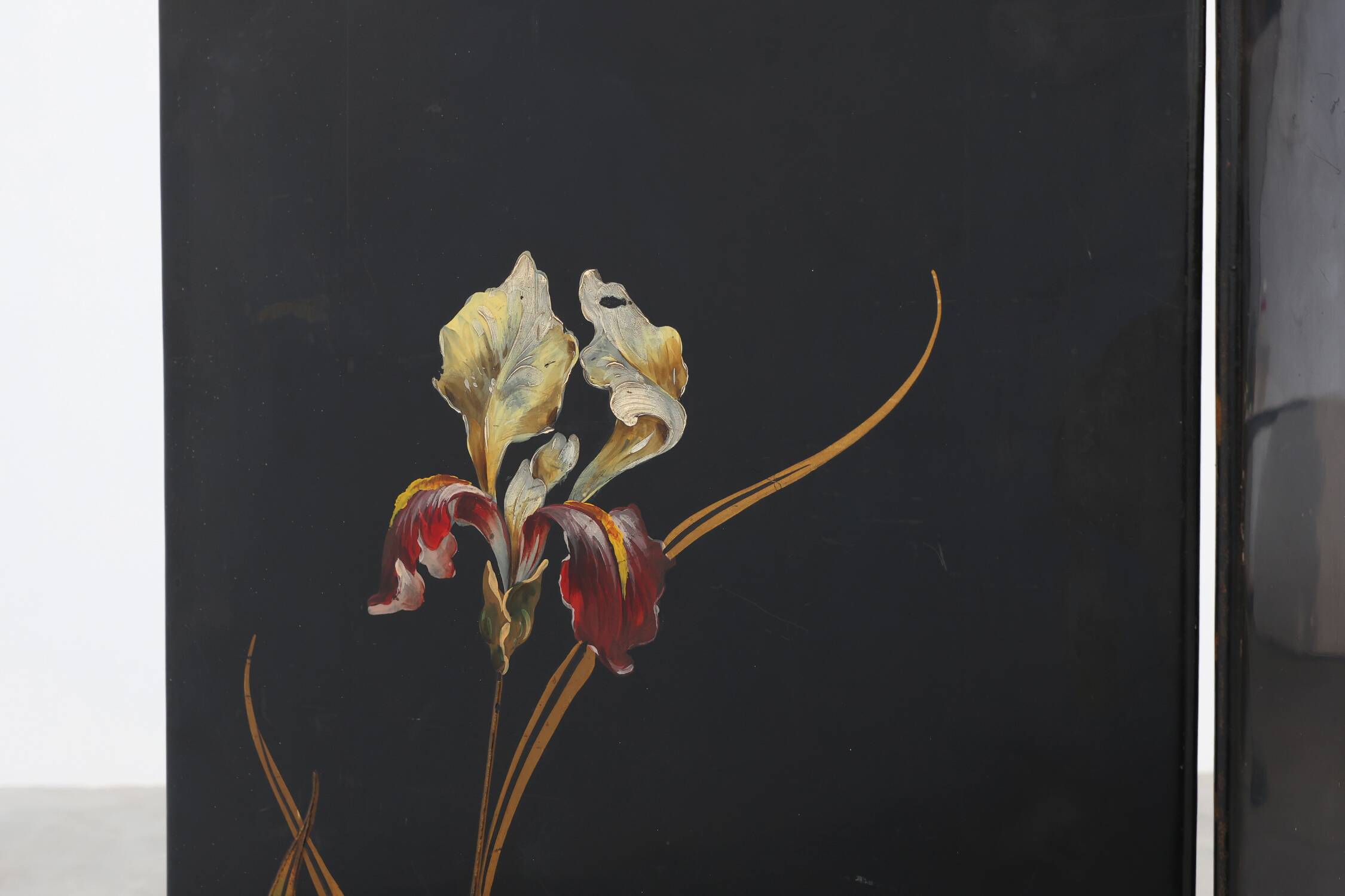 Art Nouveau Black Lacquered Two-Panel Screen with Hand-Painted Irises, Fran