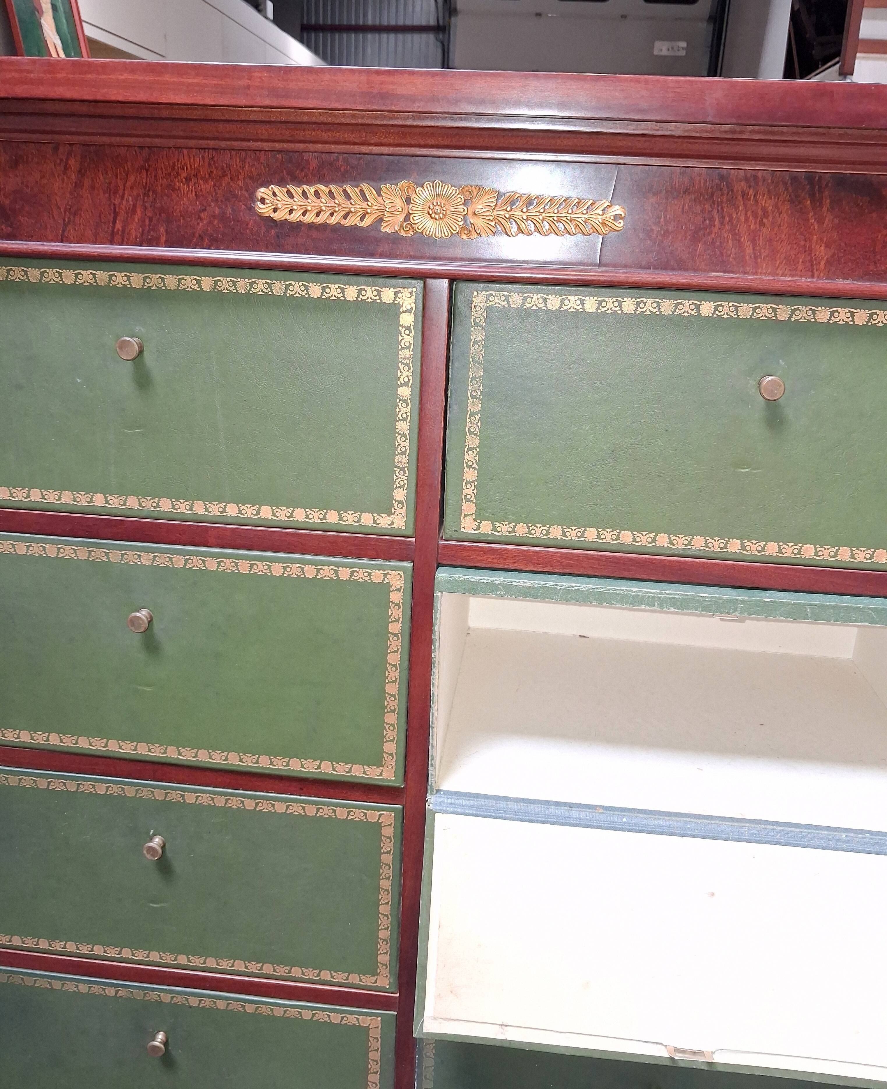 Empire-style mahogany cabinet – 12 drawers lined with green leather –