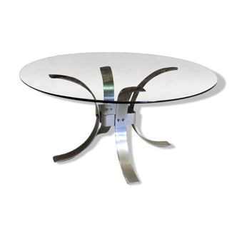 Table basse vintage en métal et verre fumé, 1970