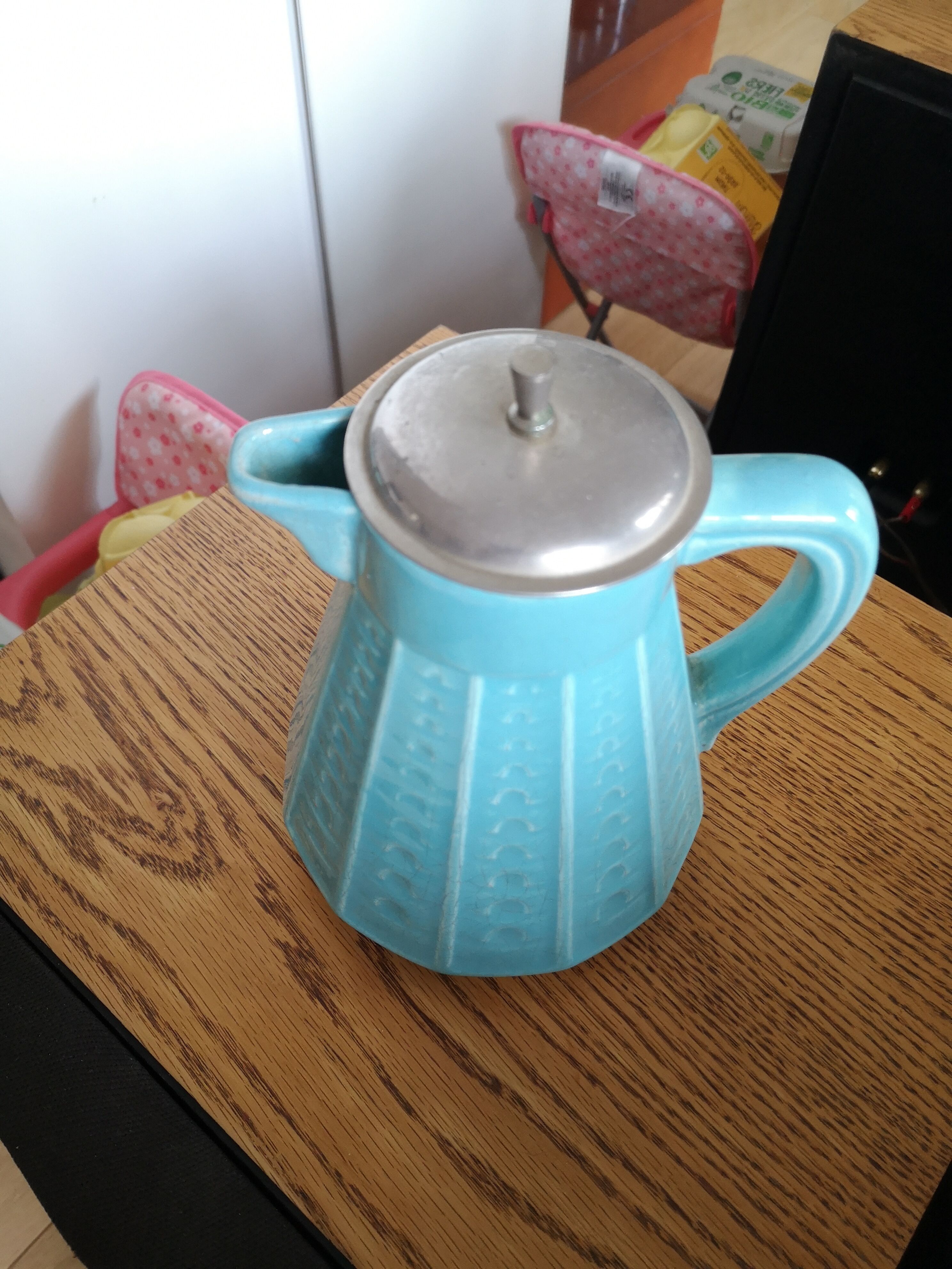 Vintage pitcher in blue ceramic and metal pourer