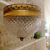 Pair of faceted glass ceiling lights and brass strapping, 1950.
