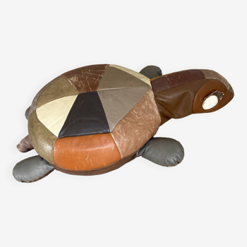 Large vintage leather patchwork turtle cushion / poof, stuffed leather animal, 1970s