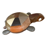 Grand coussin / pouf tortue vintage en patchwork de cuir, animal en cuir farci, années 1970