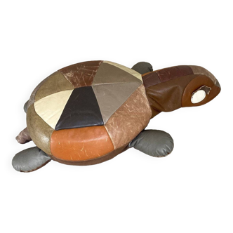 Large vintage leather patchwork turtle cushion / poof, stuffed leather animal, 1970s