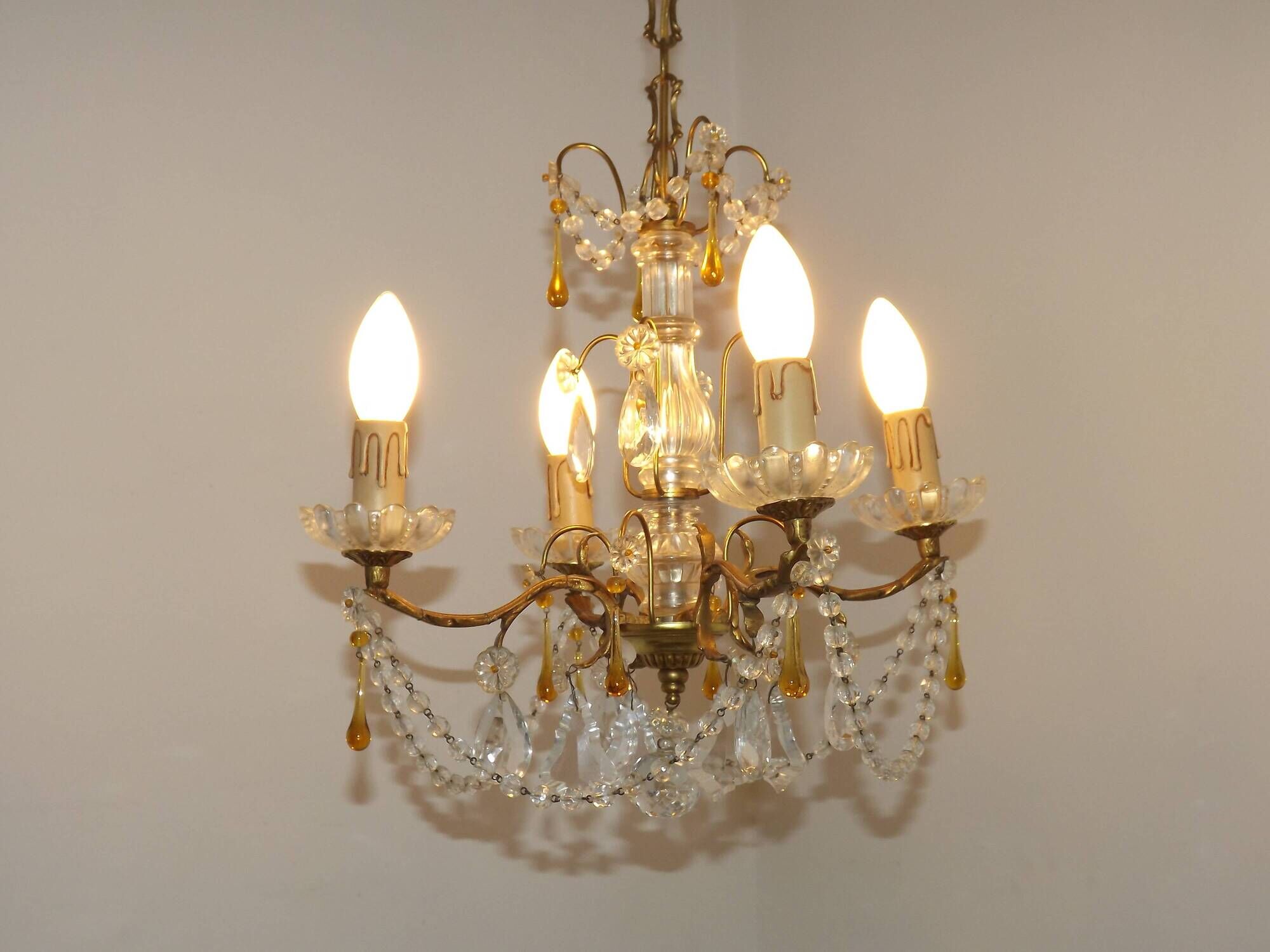Vintage 4-Light Bronze, Glass & Crystal Chandelier with Amber Glass Drops
