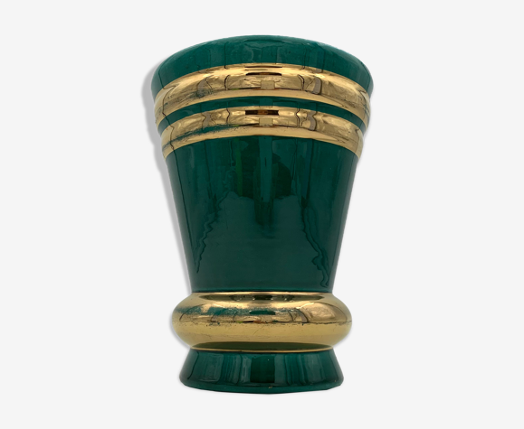 Vase vintage en céramique vert et filets or signé ARC FRANCE - Années 1950.