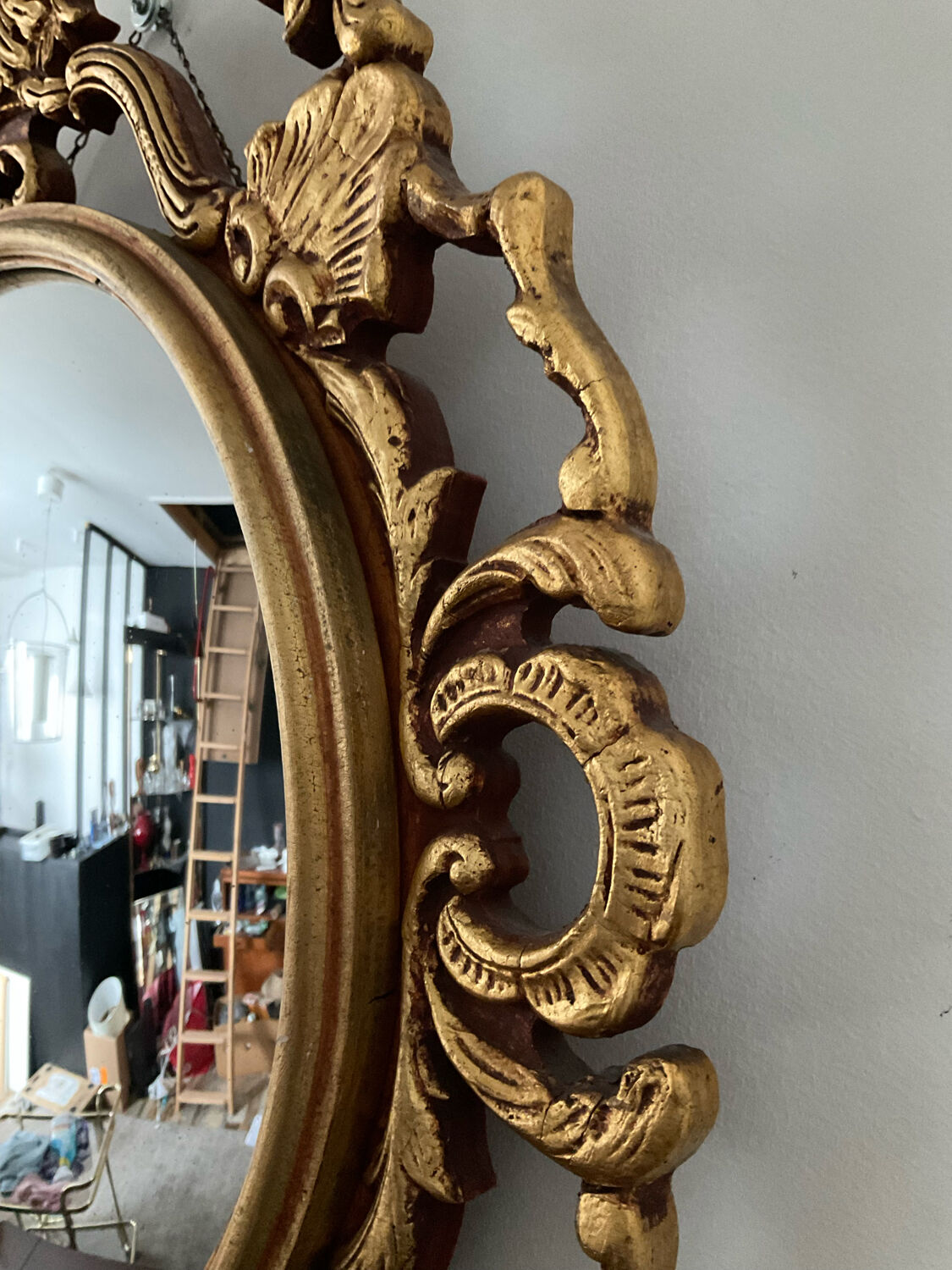 Ancient witch's eye mirror Dollanzo Italy in gilded wood