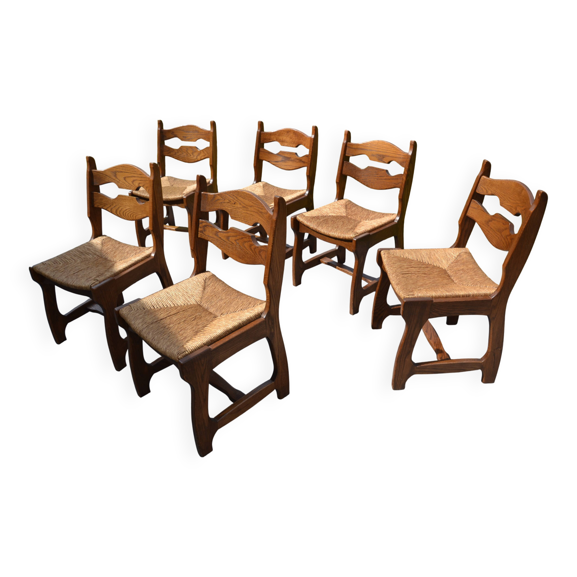6 solid oak and straw chairs Guillerme et Chambron