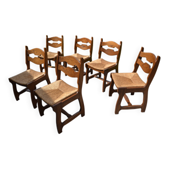 6 chaises chêne massif et paille Guillerme et Chambron
