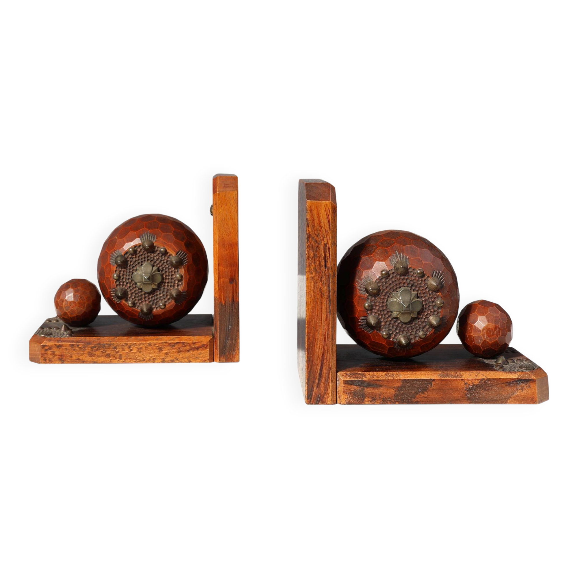 Pair of Art Deco faceted ball bookends in oak with metal decorations