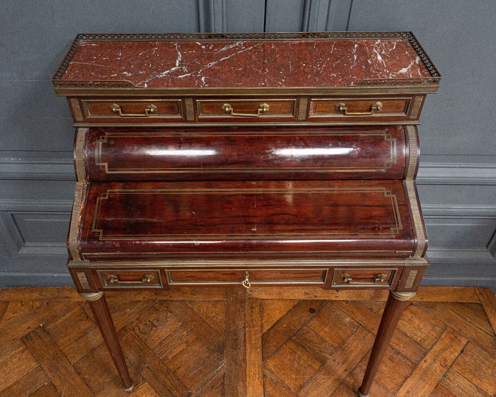 Mahogany cylinder desk nineteenth style Louis XVI red marble