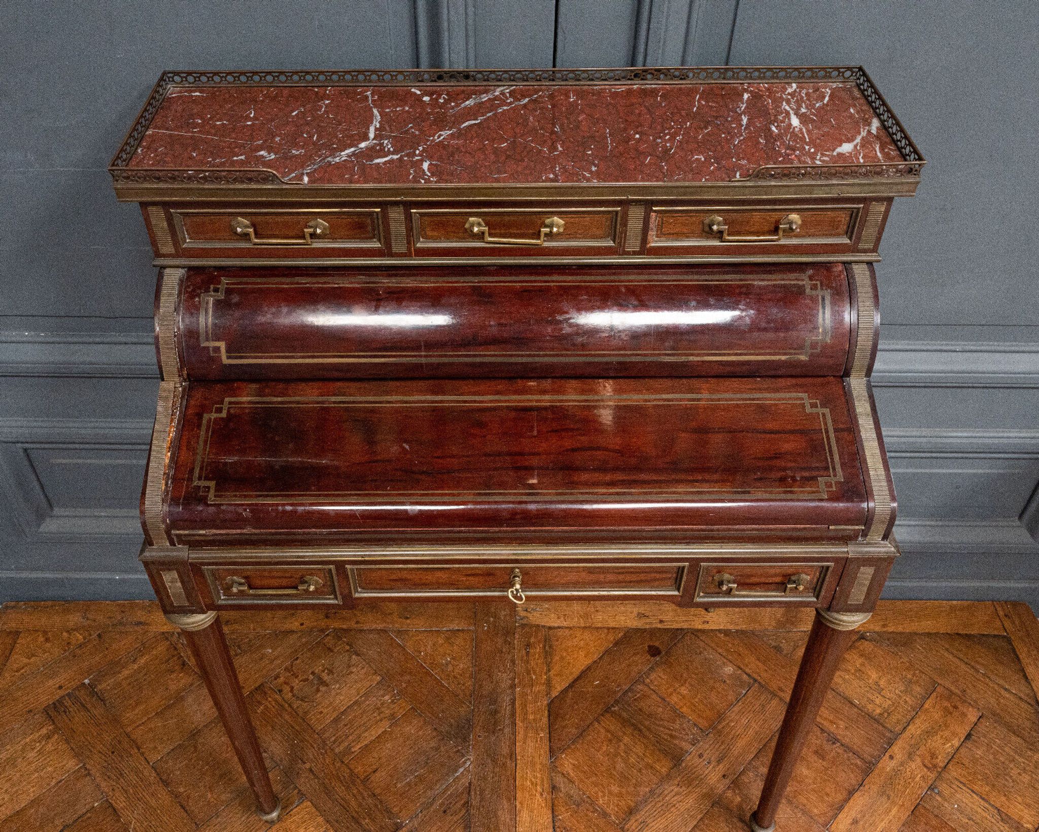 Mahogany cylinder desk nineteenth style Louis XVI red marble