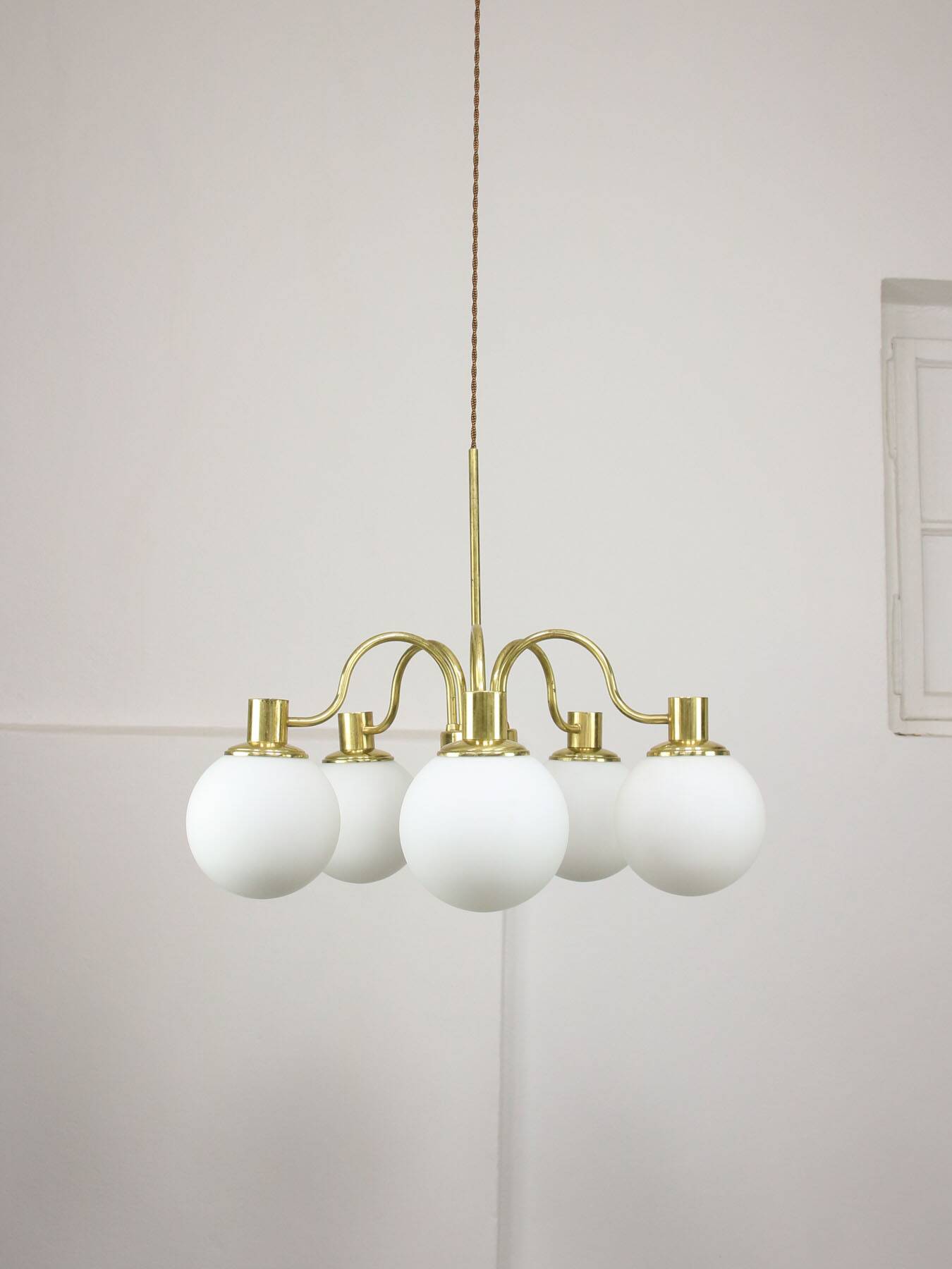 Italian Mid century Modern Chandelier in Brass and Opaline Glass, 1960s