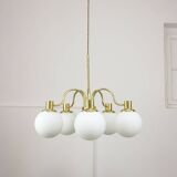 Italian Mid century Modern Chandelier in Brass and Opaline Glass, 1960s