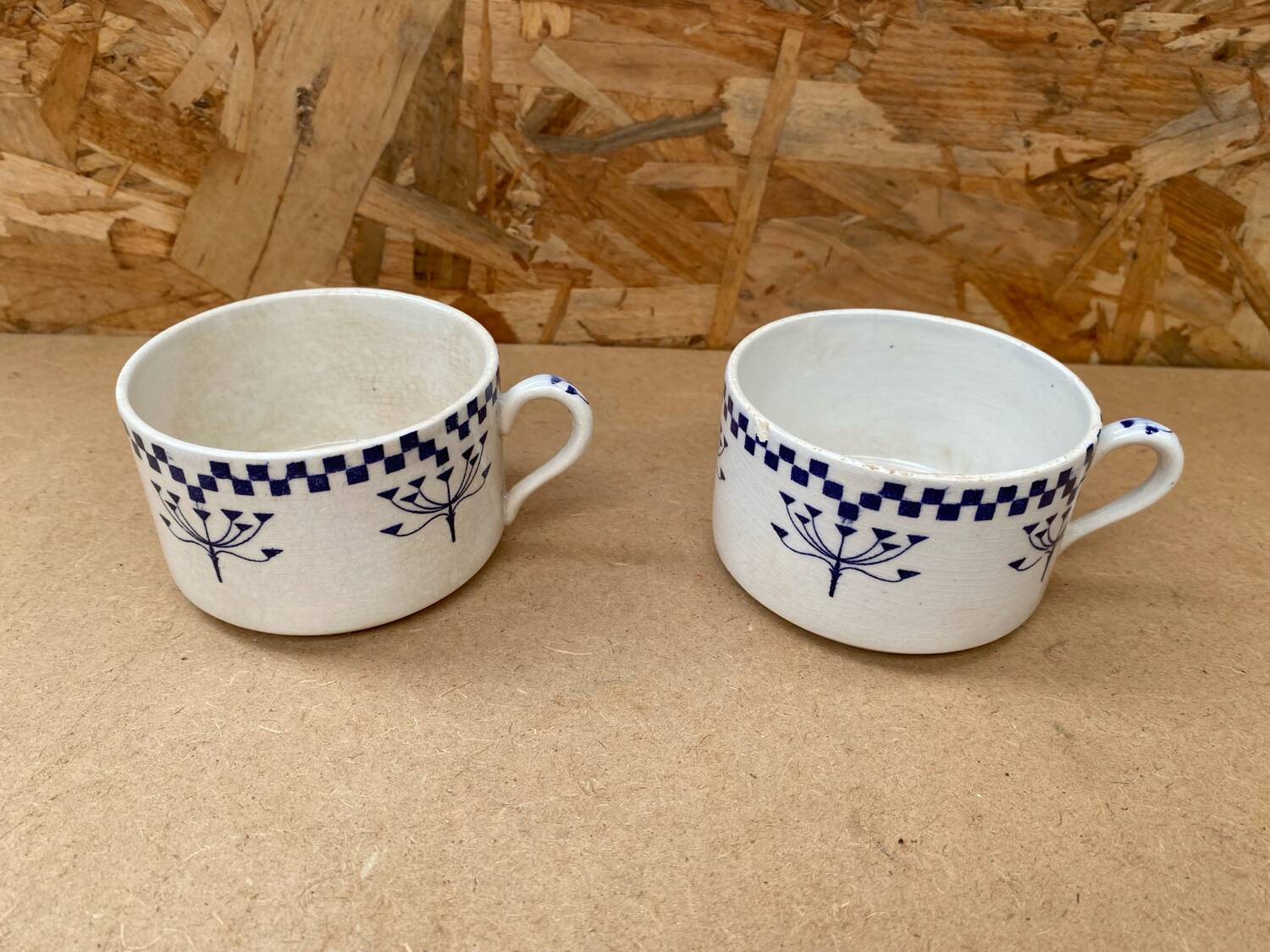 Pair Antique Creil & Montereau Mug Checkerboard Pattern Ceramic France