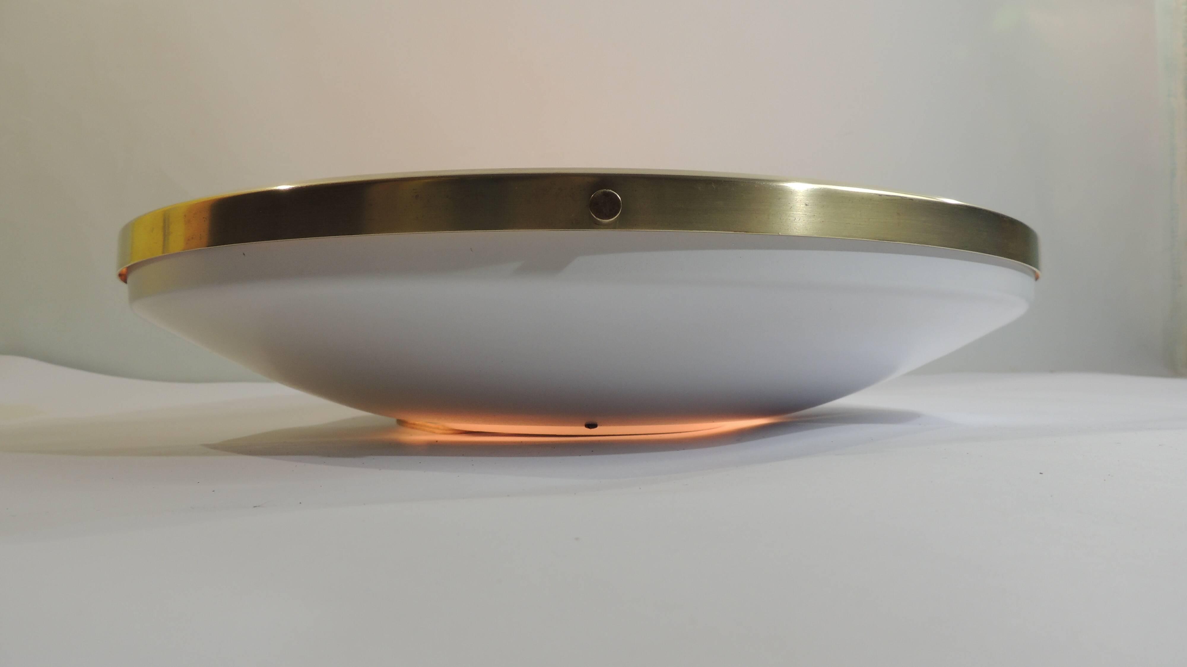 Large vintage ceiling light in opaline glass and brass – Arne Jacobsen style