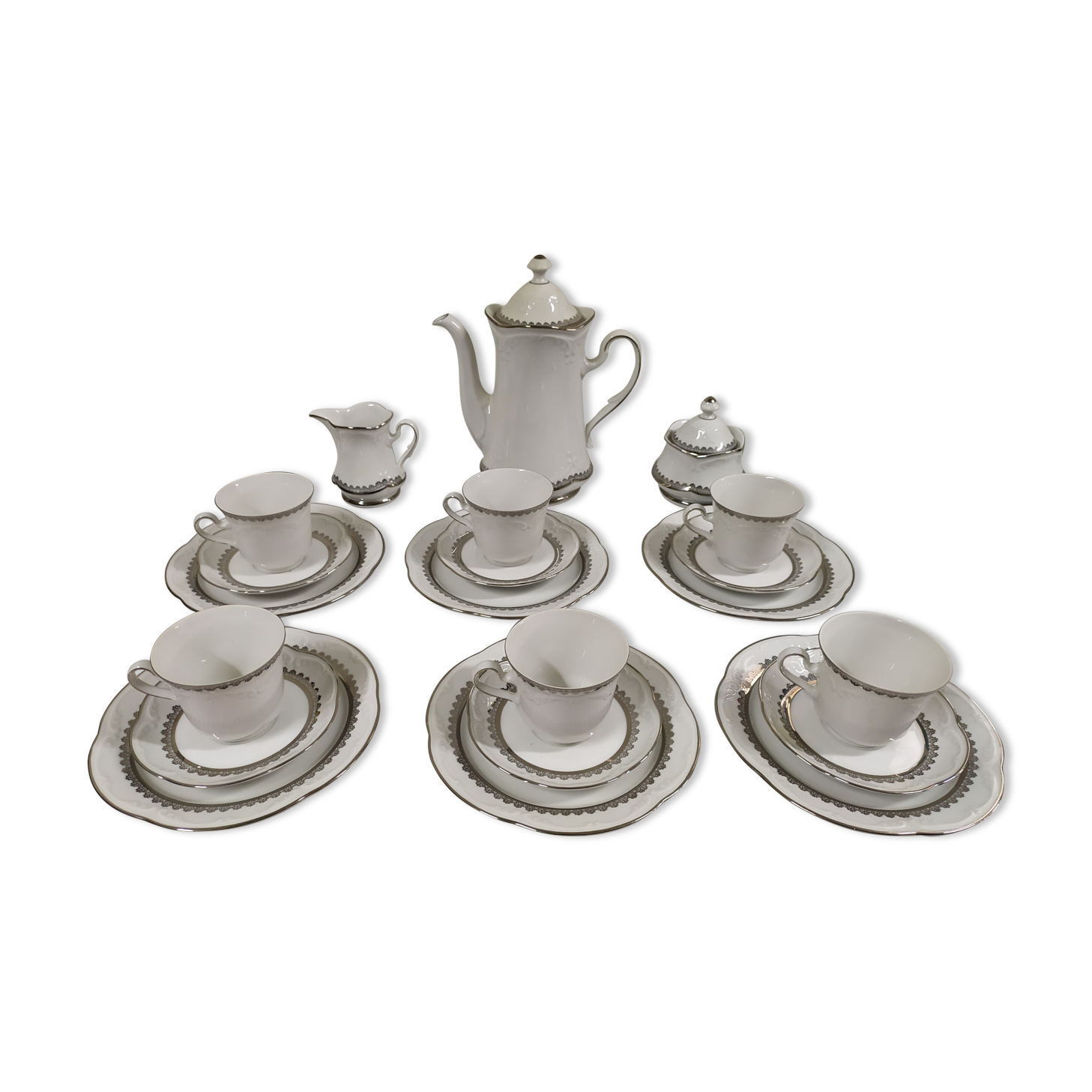 Coffee service for 6 people bavaria white and silver cup plate coffee maker milk pot sugar
