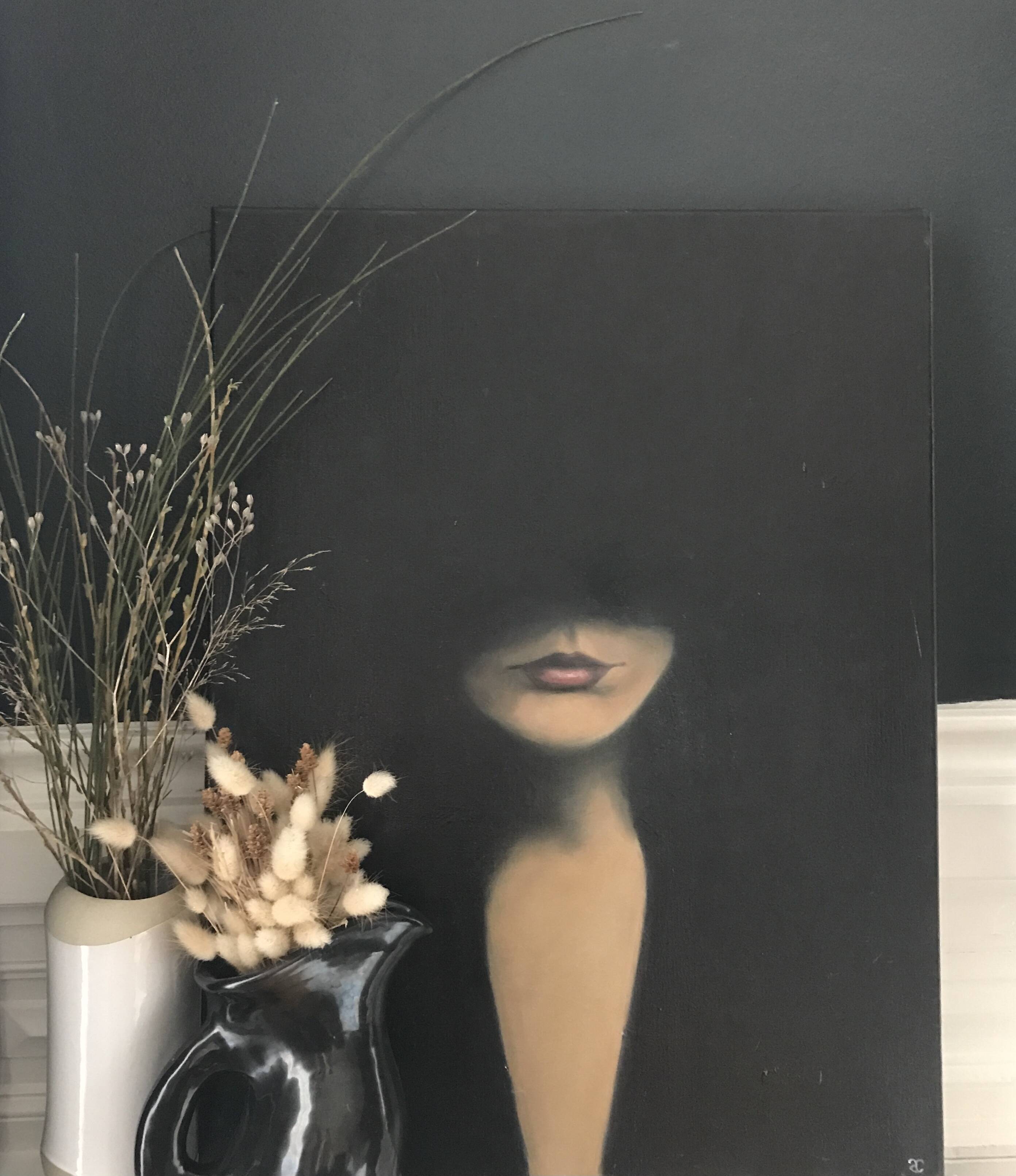 Huile sur toile visage femme fondu noir