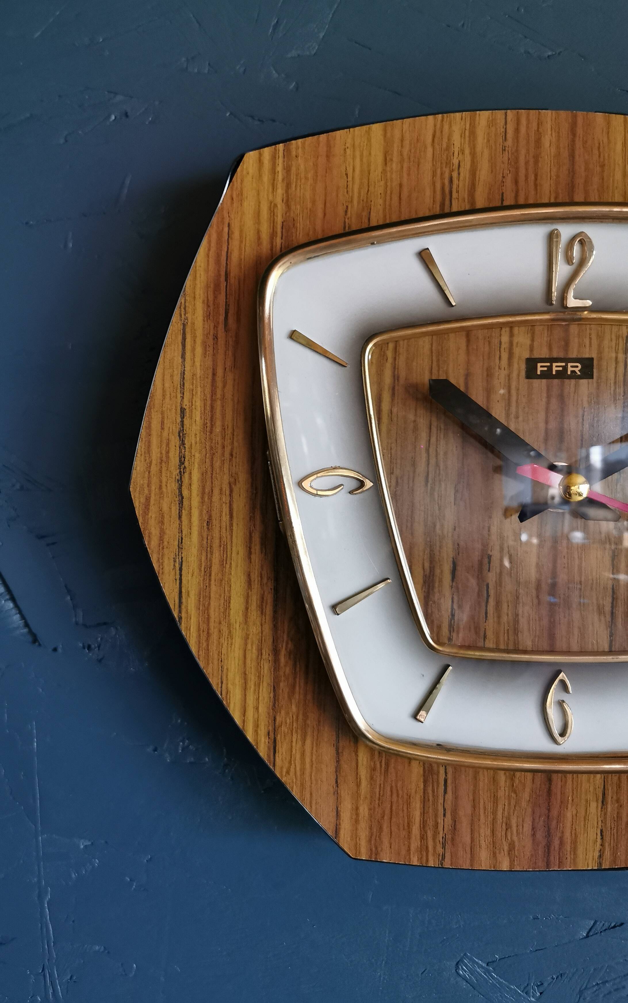 Vintage formica clock silent hexagonal wall pendulum "FFR wood"