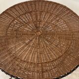 Vintage round table in woven rattan and black wrought iron – 1950s / 1960s