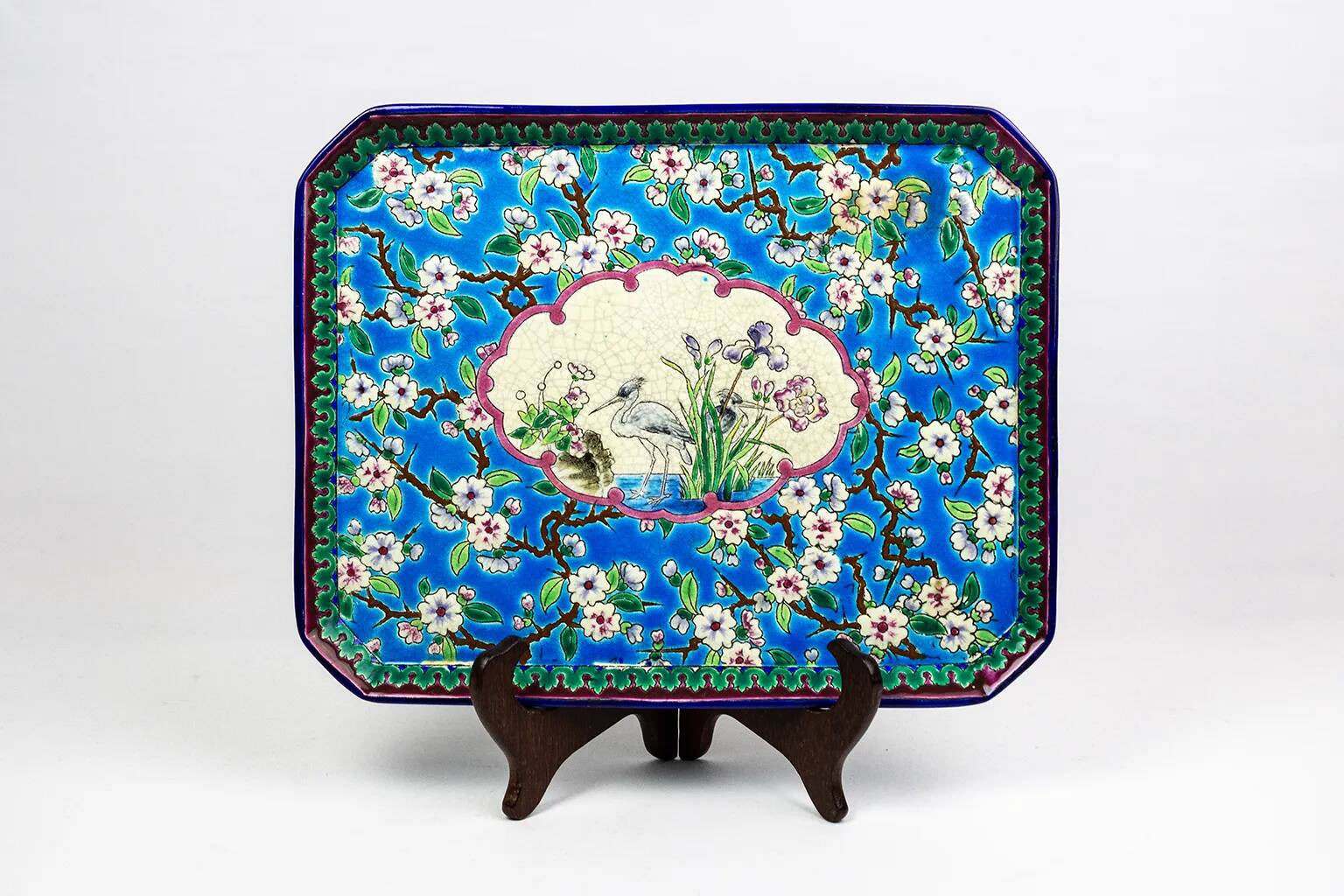 Enamelled earthenware plate – Apple blossom and cranes – Longwy, 1894
