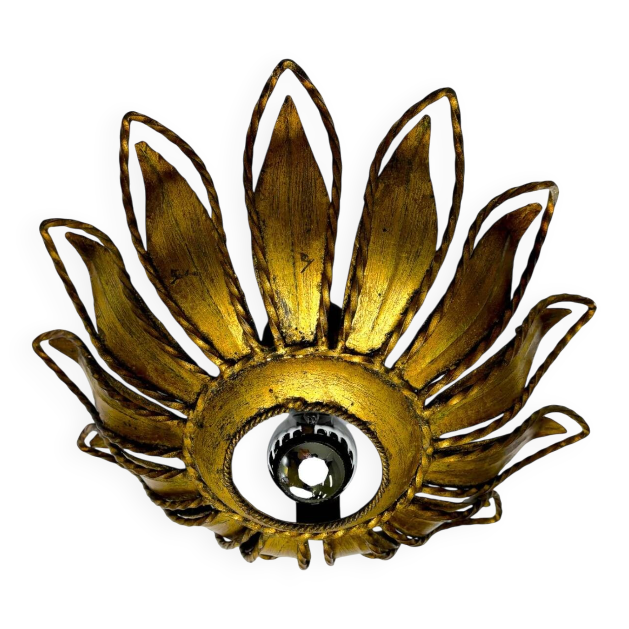Spanish sunburst ceiling light fixture or sconce in gilt iron, circa 1960