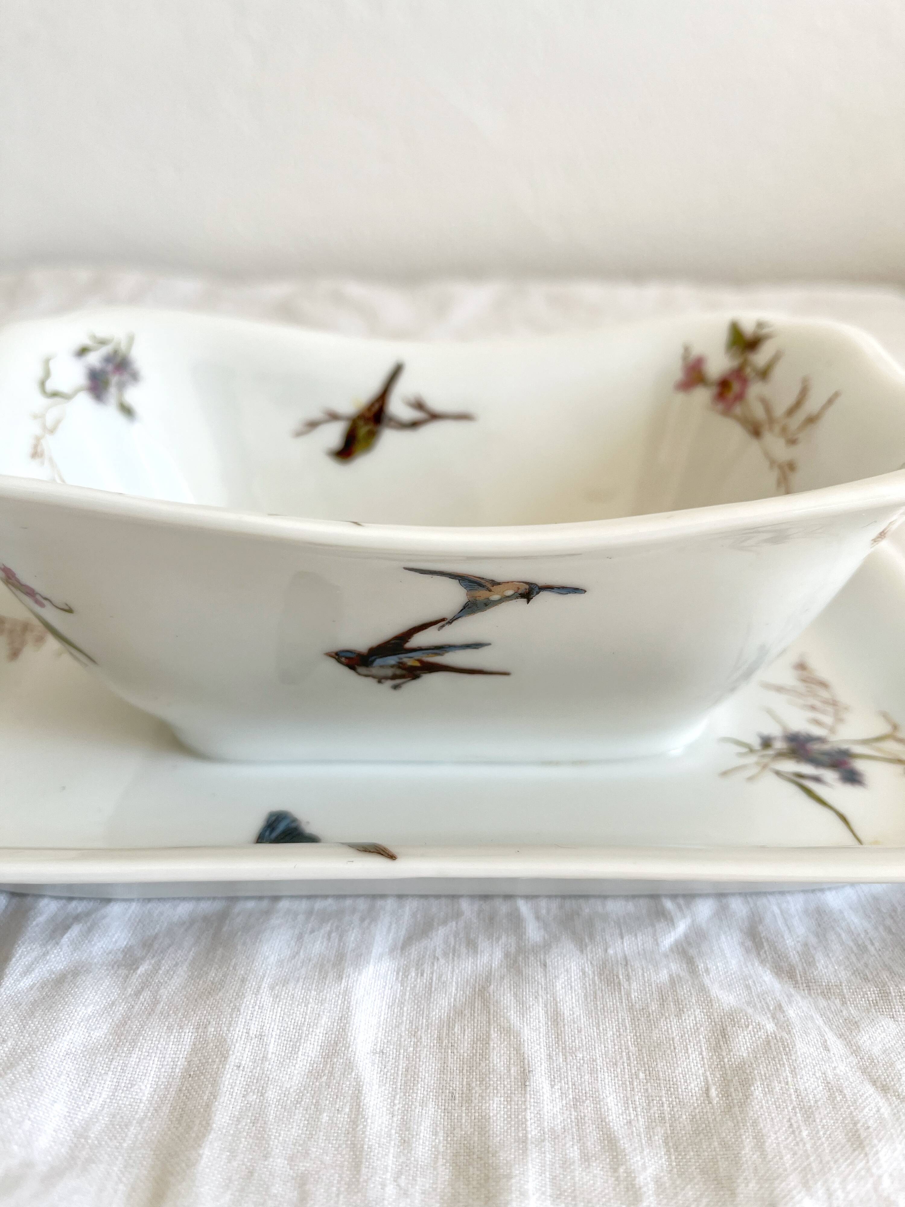 Rectangular sauce boat in Haviland Limoges porcelain with bird decoration
