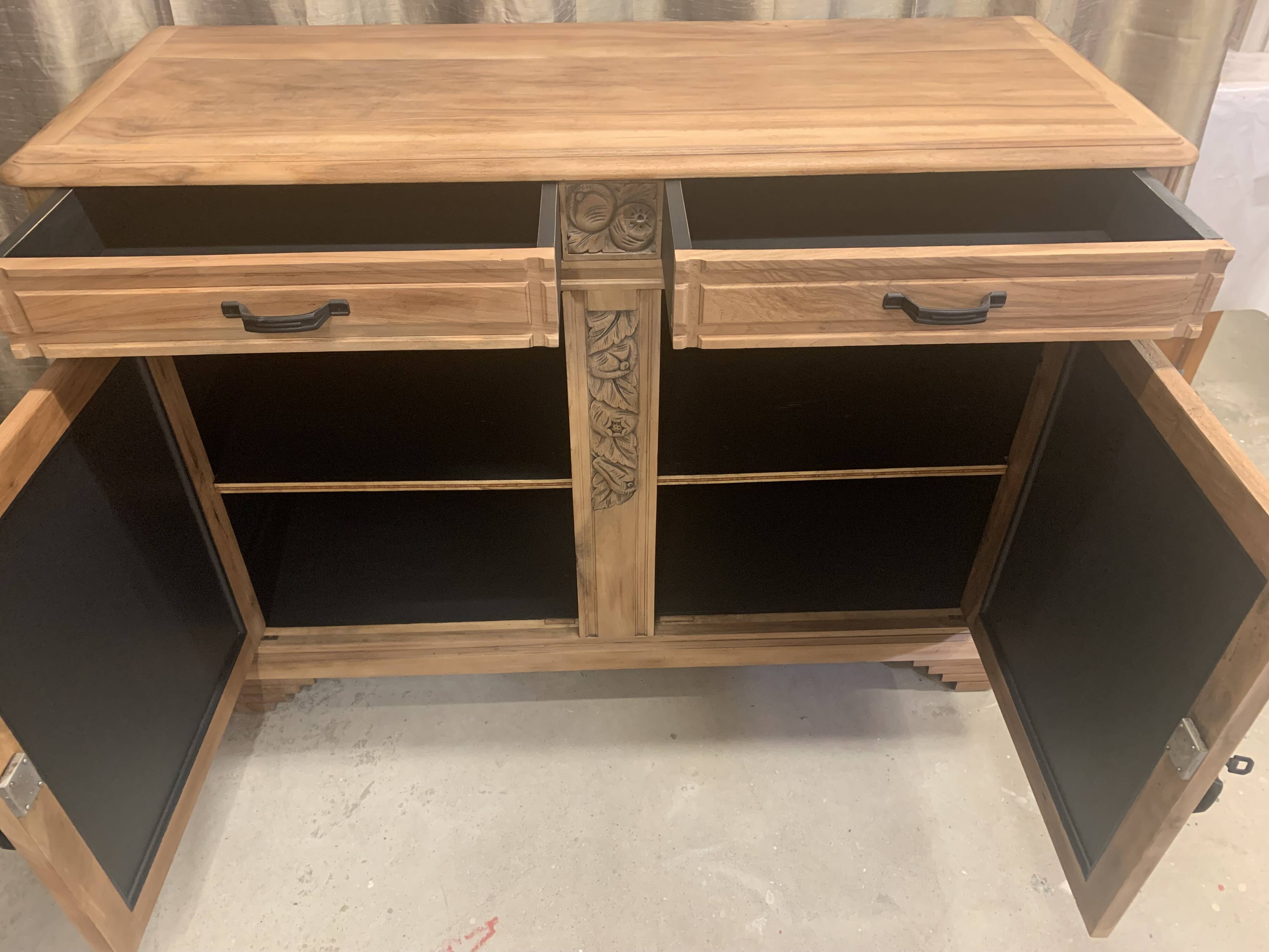 Art Deco raw wood sideboard in solid walnut