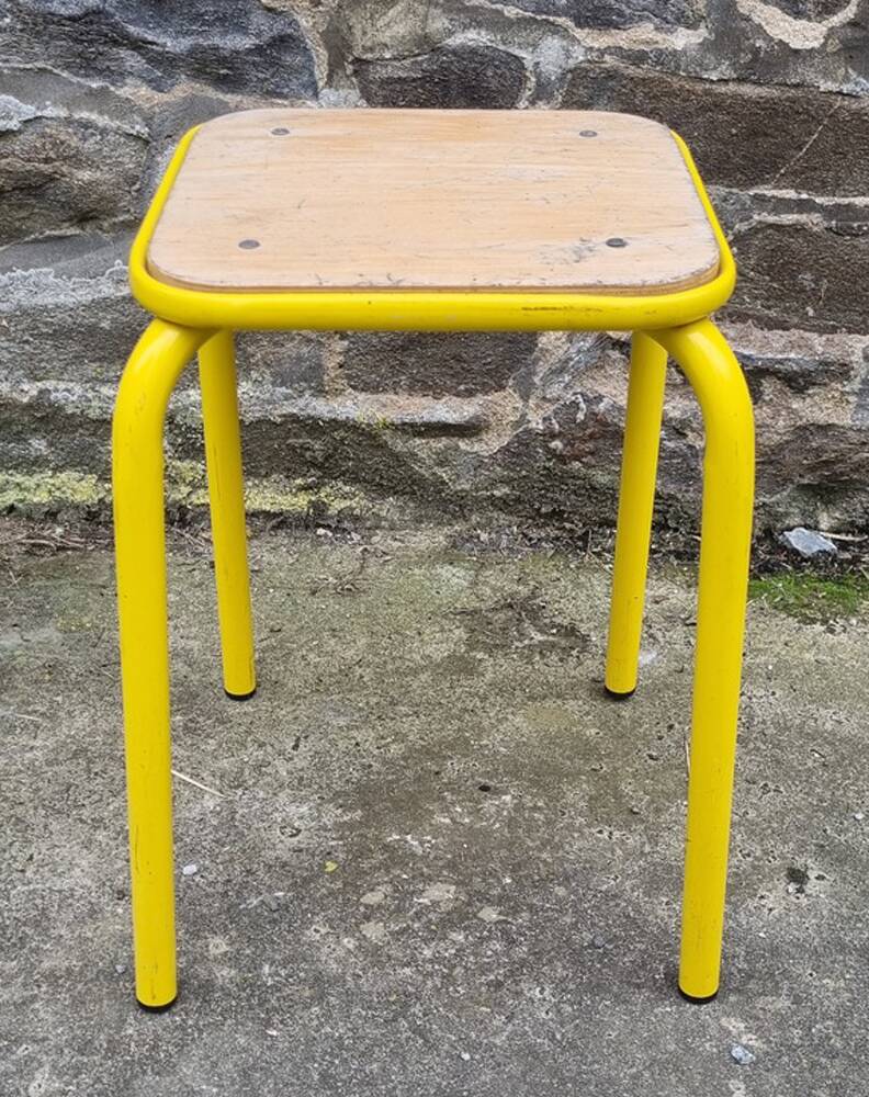Industrial stool, square, yellow. wood and metal, vintage