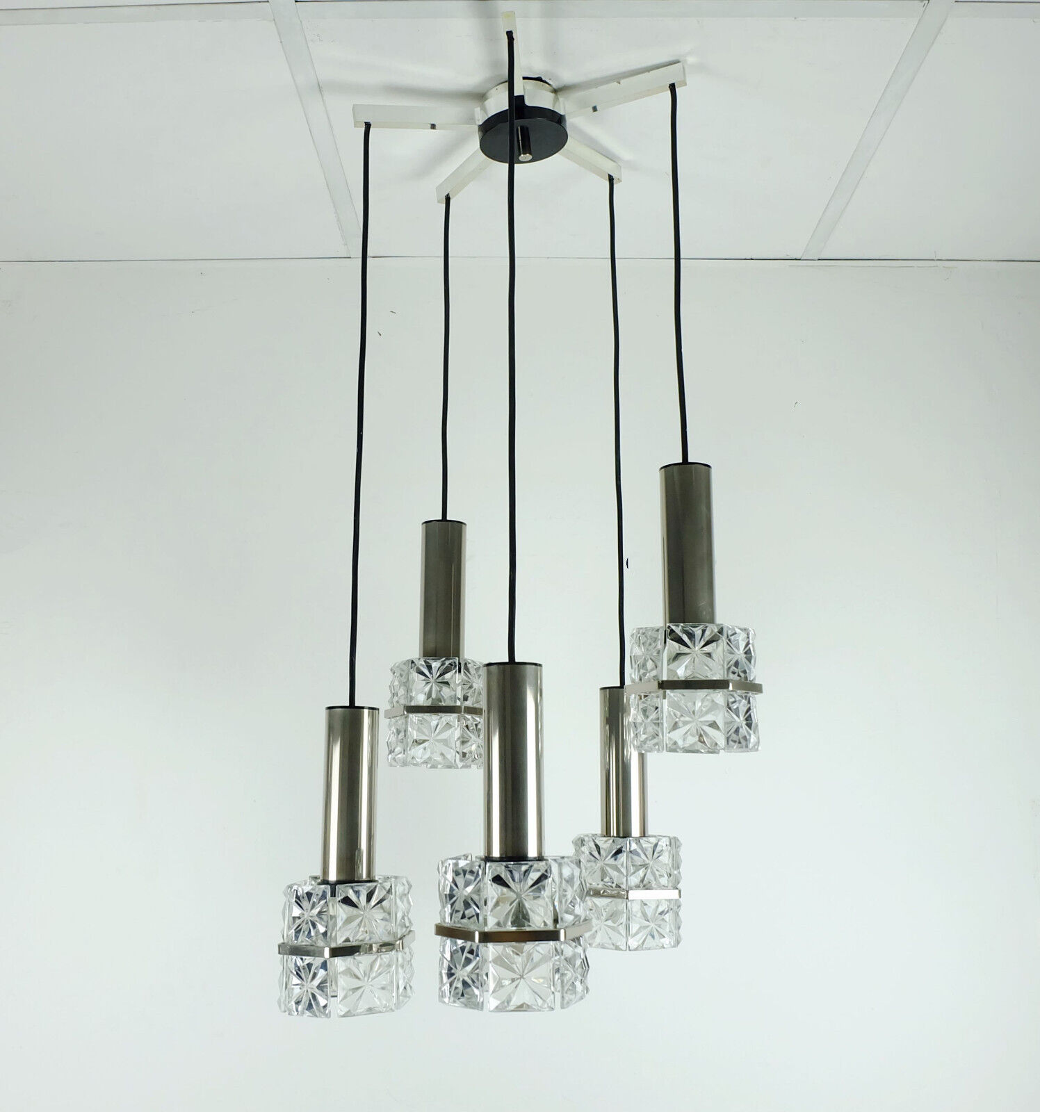 1960s mid century PENDANT LIGHT 5-light cascading lamp faceted glass and chrome