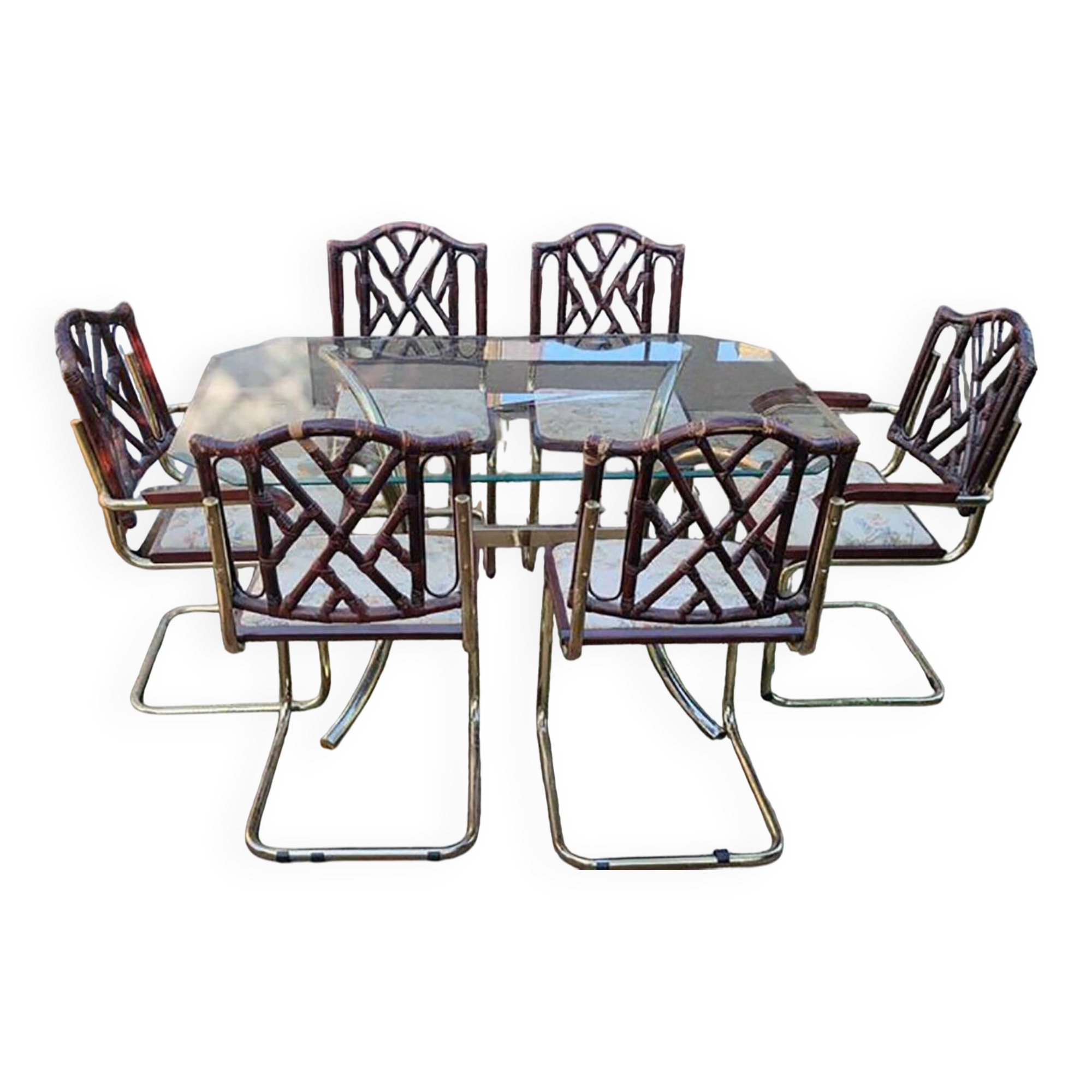 Vintage Italian Dining Chairs and Table in Brass, 1970s, Set of 7