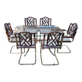 Vintage Italian Dining Chairs and Table in Brass, 1970s, Set of 7