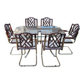 Chaises et table de salle à manger italiennes vintage en laiton, années 1970, lot de 7