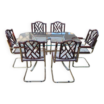 Vintage Italian Dining Chairs and Table in Brass, 1970s, Set of 7