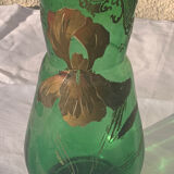 Paire de vases aux iris dore verre transparent vert et iris peint a la main art nouveau, collector