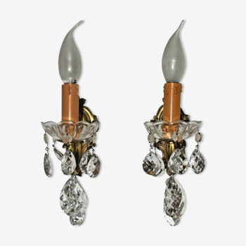 Pair french bronze single crystal wall lights cut glass