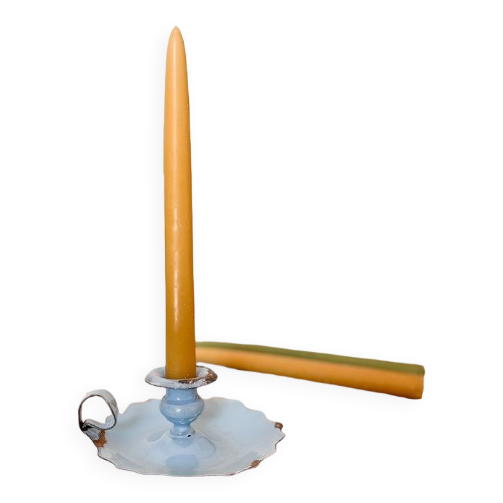 Blue enameled sheet metal candle holder